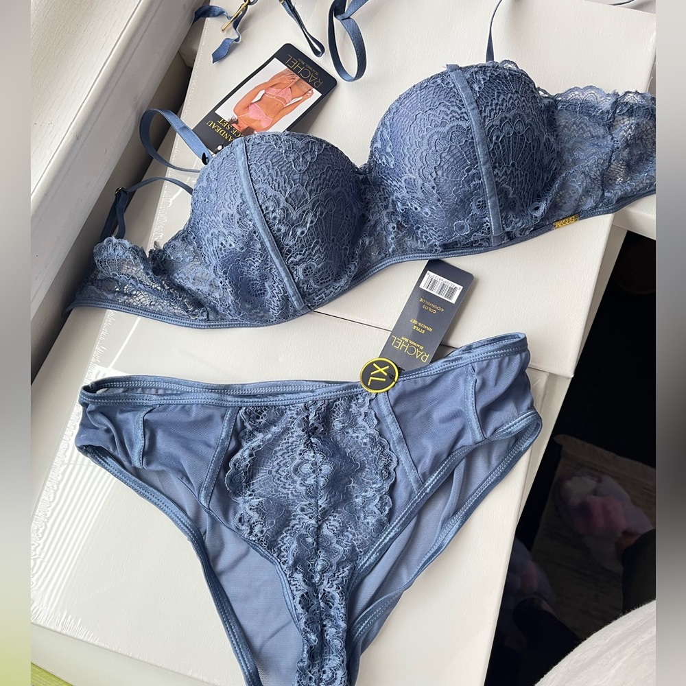 Rachel roy china Blue Lace bandeau 3 piece Bra and Panty Set xl new padded